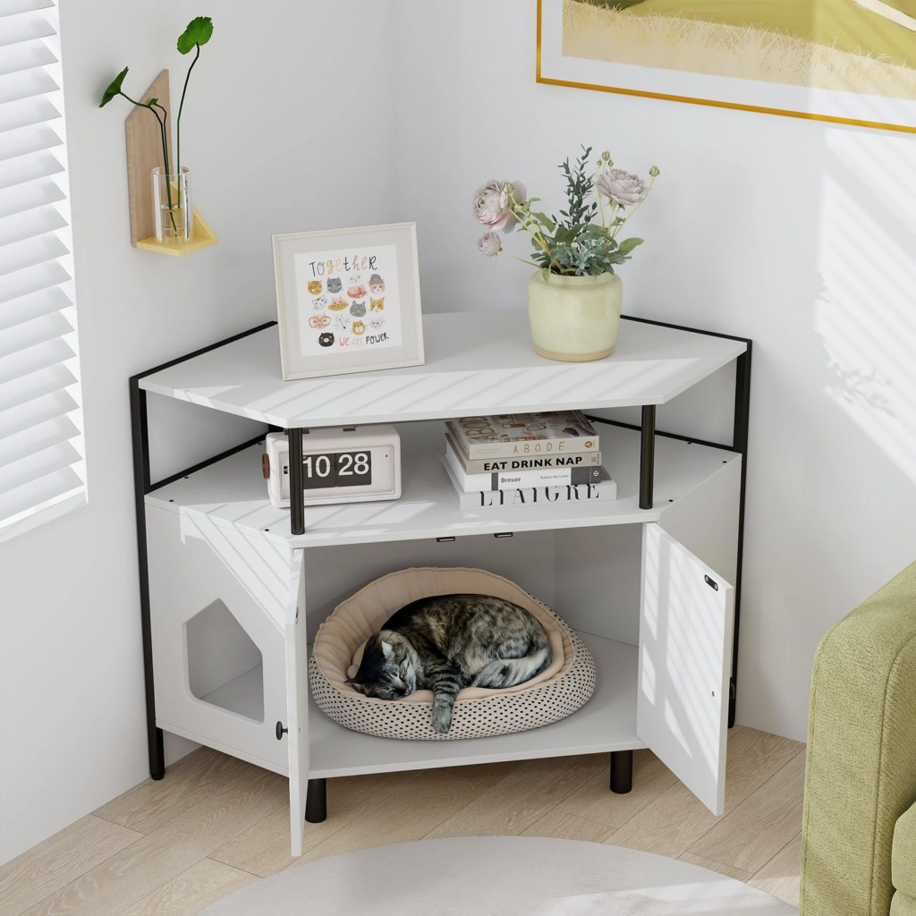 Corner Litter Box Enclosure with Open Shelf